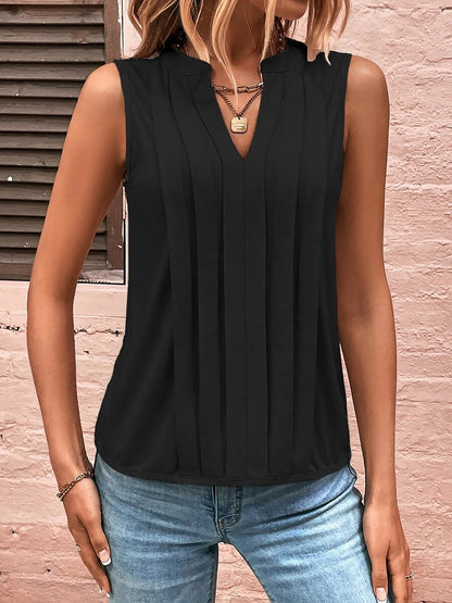Notch Neck Sleeveless Pleated Casual Blouse