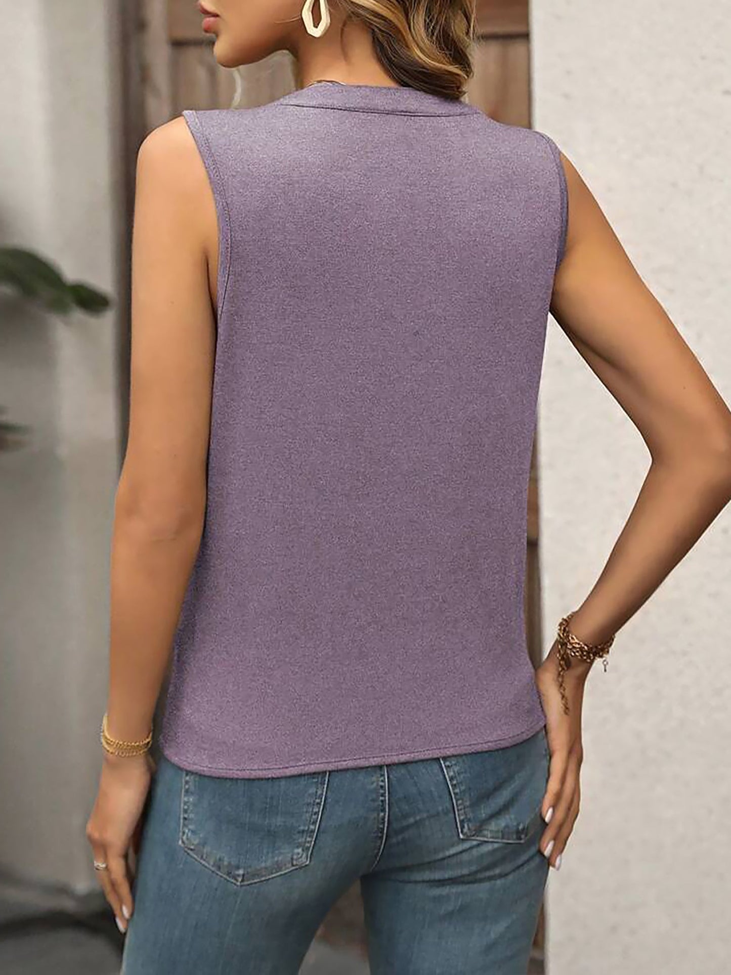 Notch Neck Sleeveless Pleated Casual Blouse