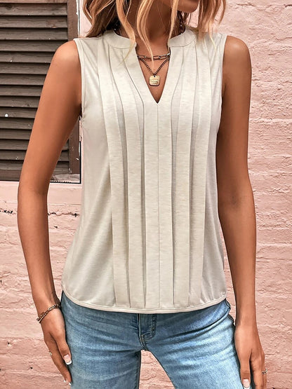 Notch Neck Sleeveless Pleated Casual Blouse