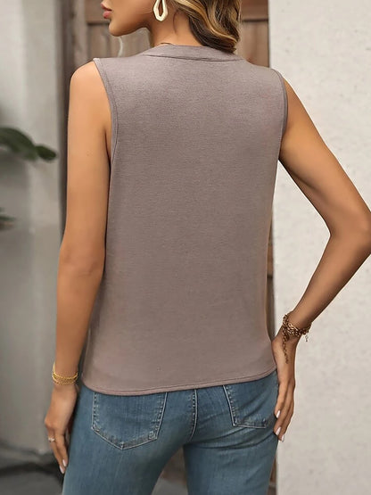 Notch Neck Sleeveless Pleated Casual Blouse