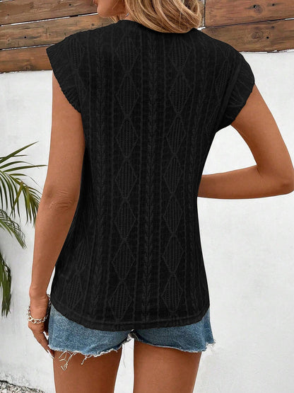 Round Neck Cap Sleeve Texture Casual Blouse