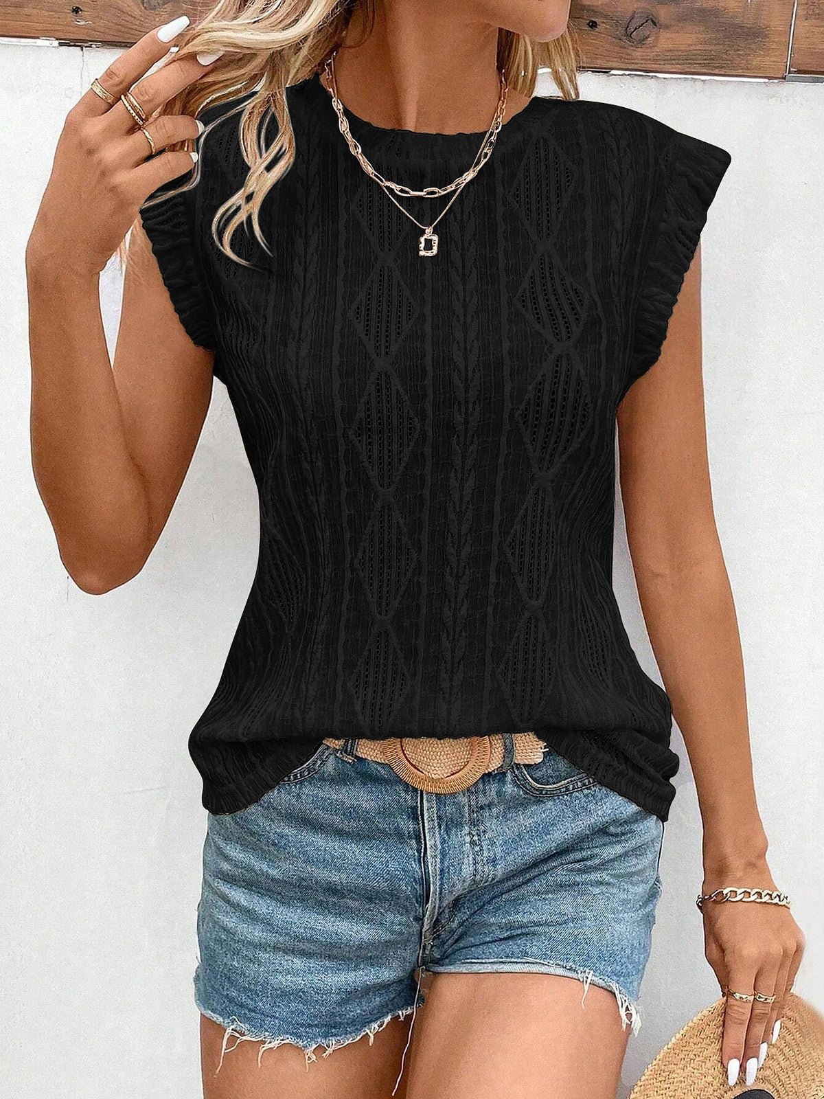 Round Neck Cap Sleeve Texture Casual Blouse