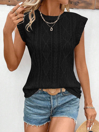 Round Neck Cap Sleeve Texture Casual Blouse