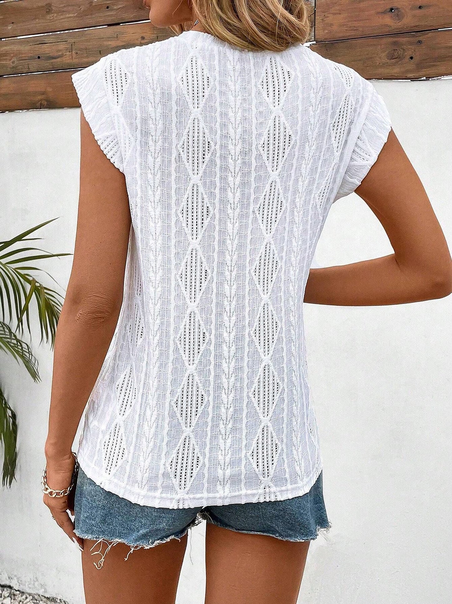 Round Neck Cap Sleeve Texture Casual Blouse