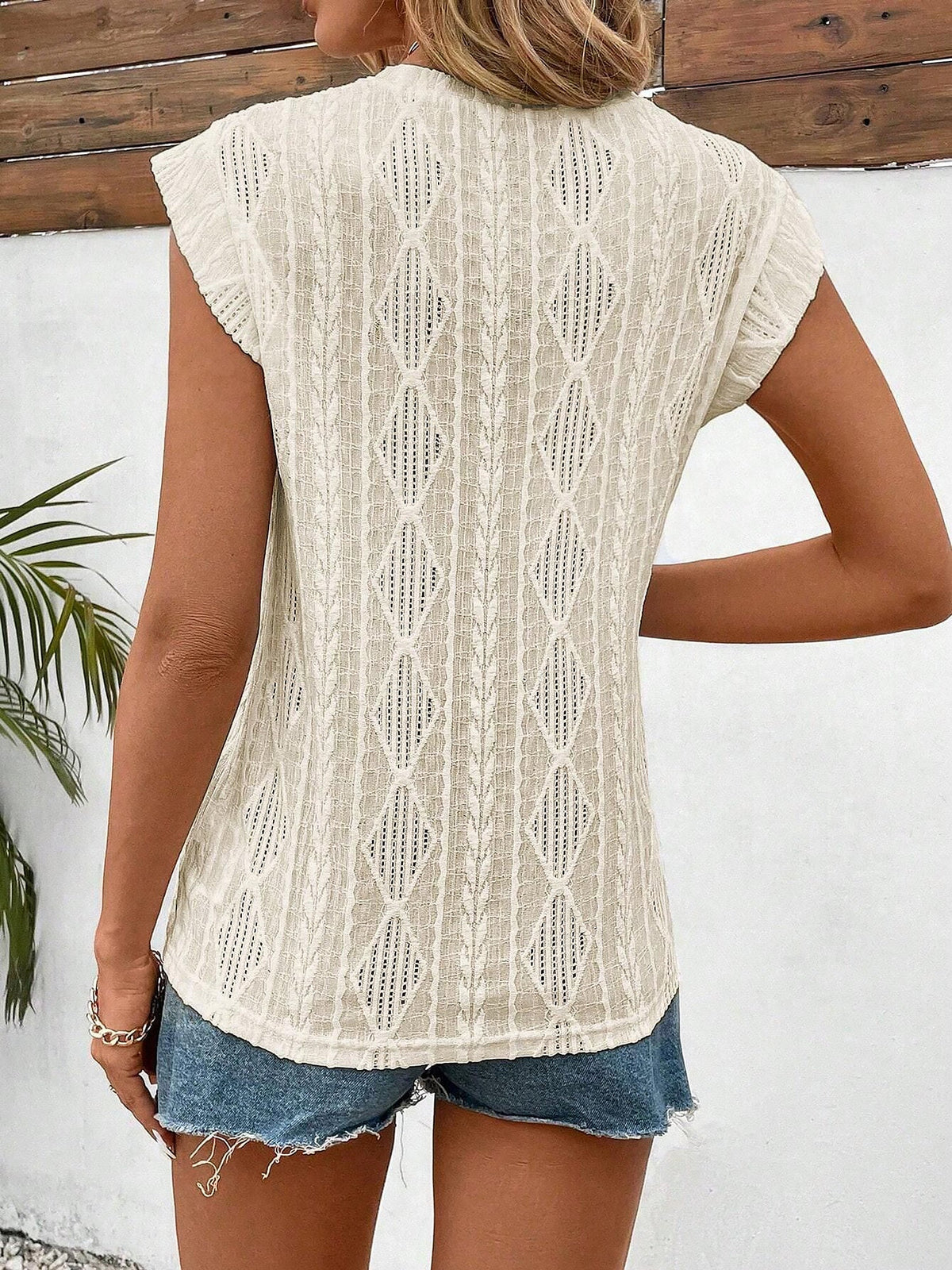 Round Neck Cap Sleeve Texture Casual Blouse