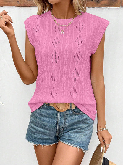 Round Neck Cap Sleeve Texture Casual Blouse