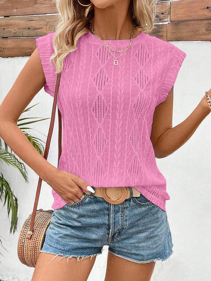 Round Neck Cap Sleeve Texture Casual Blouse