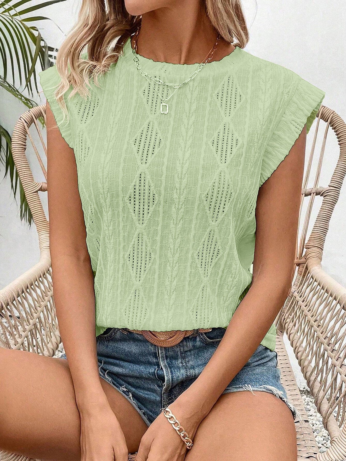 Round Neck Cap Sleeve Texture Casual Blouse