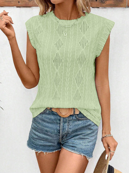 Round Neck Cap Sleeve Texture Casual Blouse