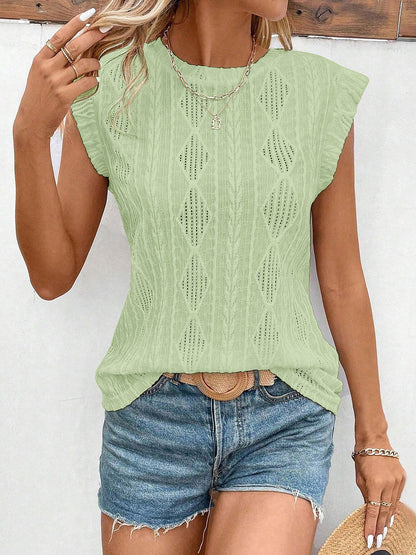 Round Neck Cap Sleeve Texture Casual Blouse