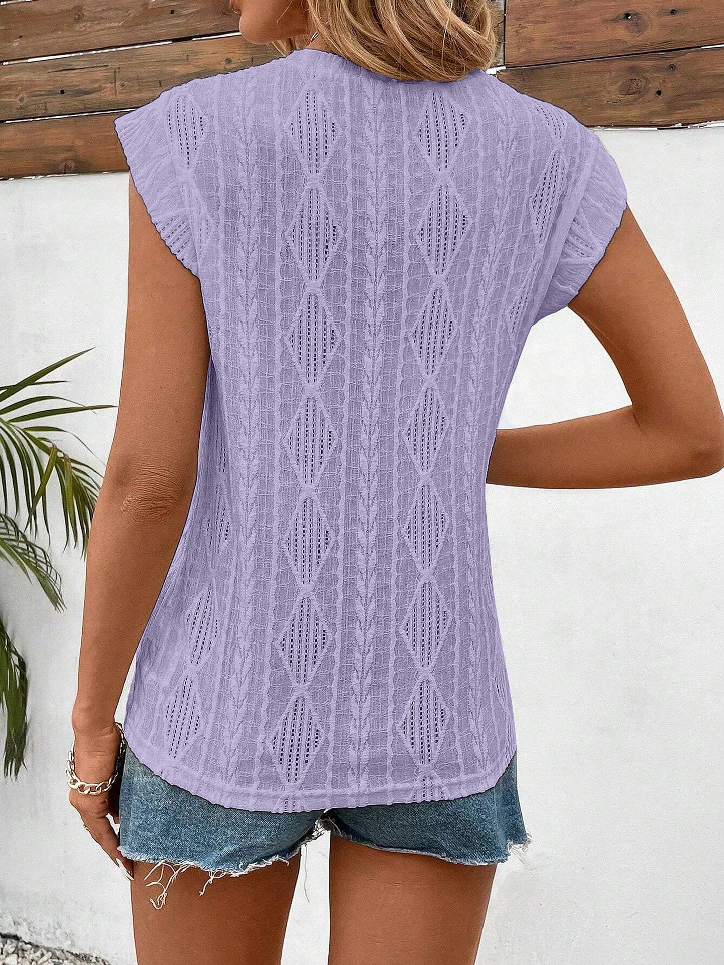 Round Neck Cap Sleeve Texture Casual Blouse