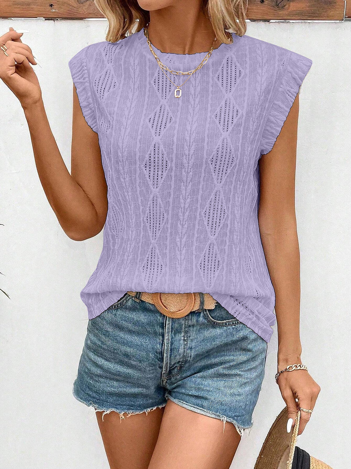 Round Neck Cap Sleeve Texture Casual Blouse