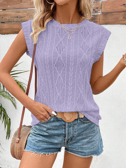 Round Neck Cap Sleeve Texture Casual Blouse