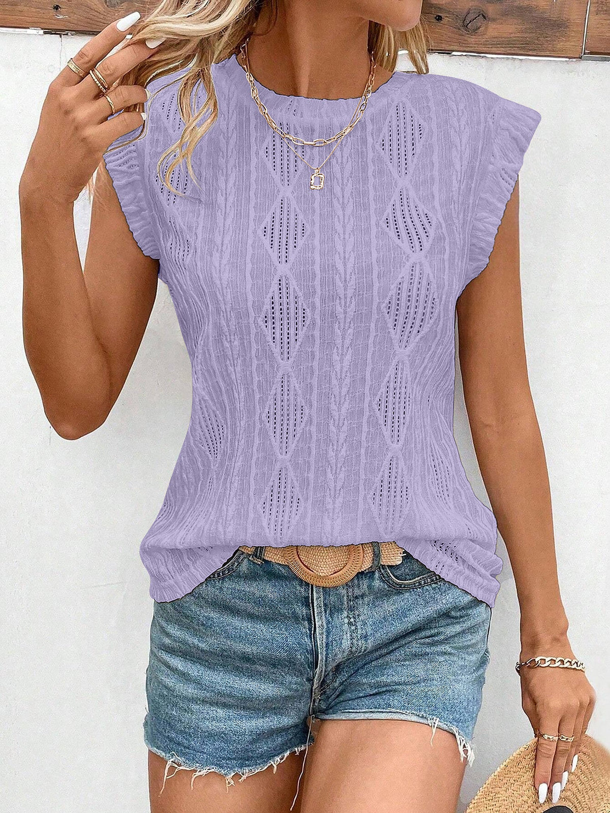 Round Neck Cap Sleeve Texture Casual Blouse