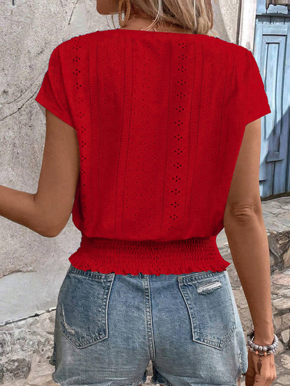 Round Neck Short Sleeve Eyelet Smocked Blouse