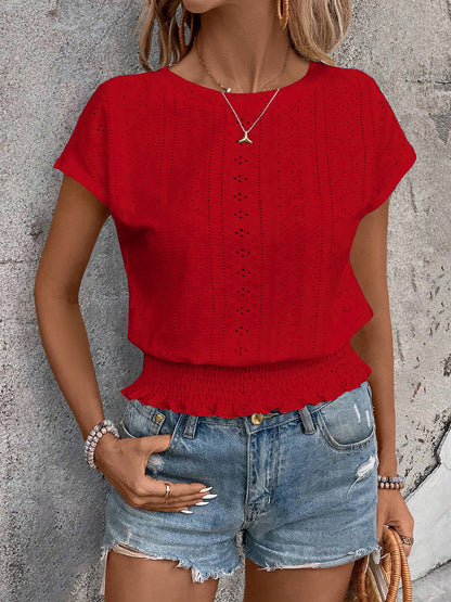 Round Neck Short Sleeve Eyelet Smocked Blouse