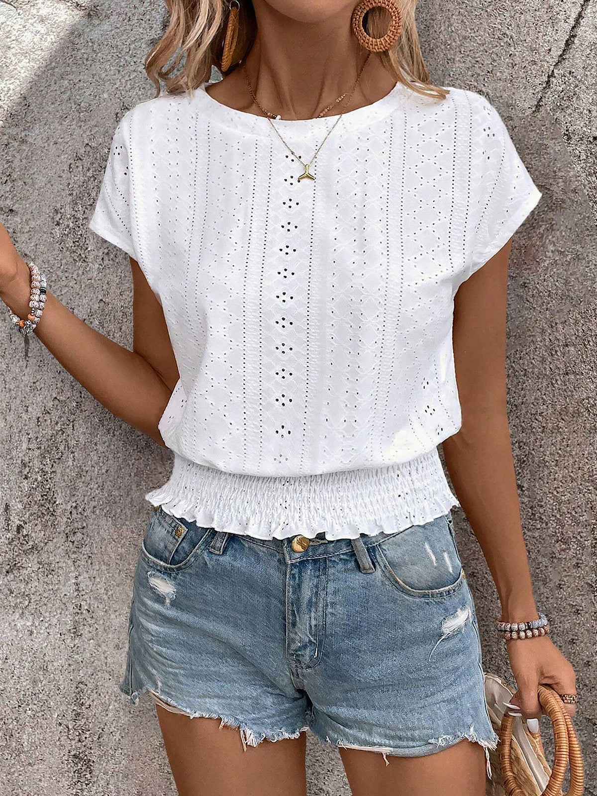 Round Neck Short Sleeve Eyelet Smocked Blouse