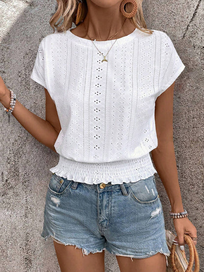 Round Neck Short Sleeve Eyelet Smocked Blouse