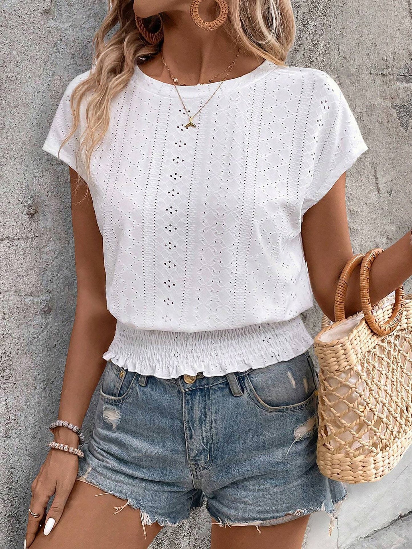 Round Neck Short Sleeve Eyelet Smocked Blouse