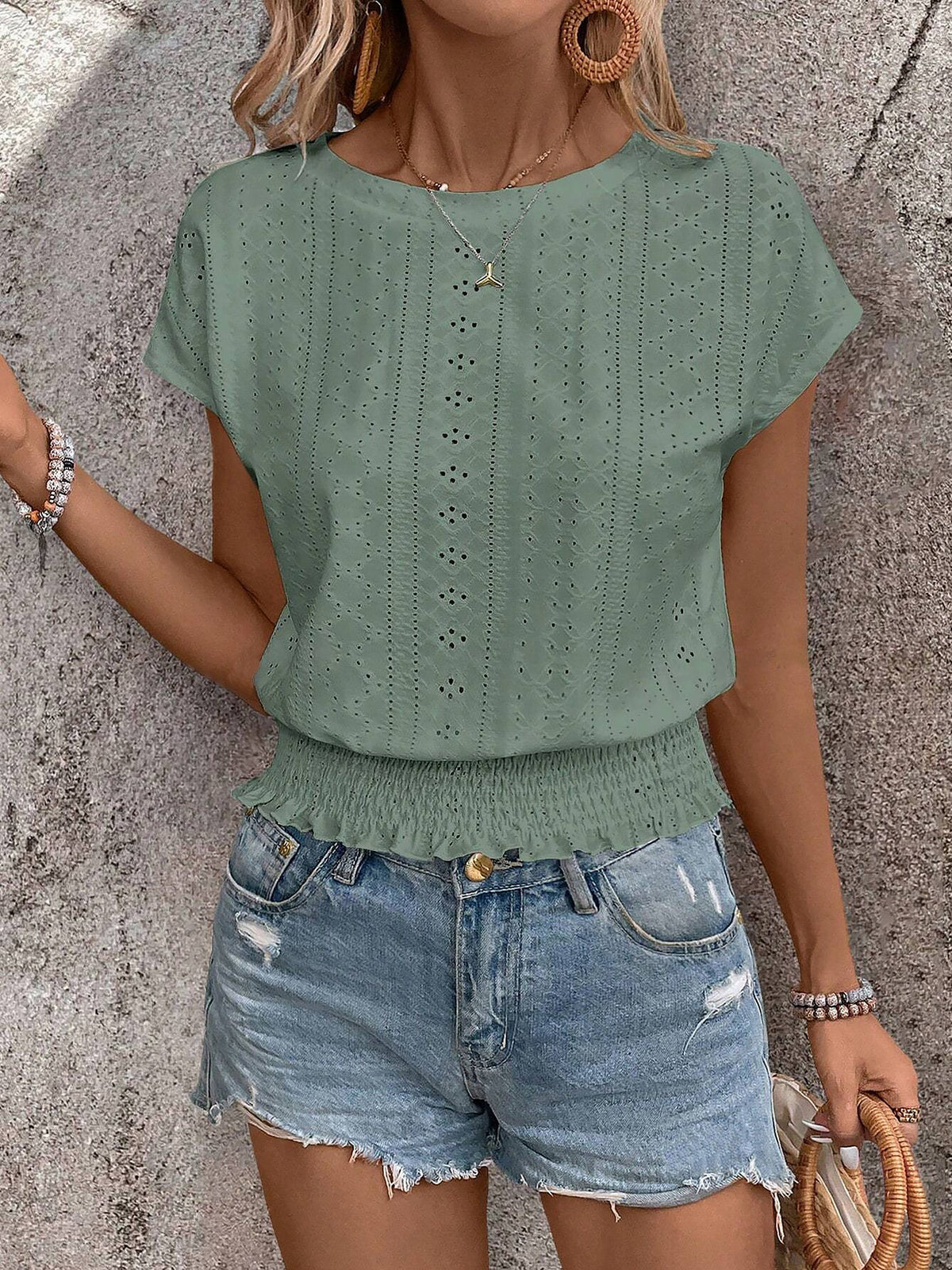 Round Neck Short Sleeve Eyelet Smocked Blouse