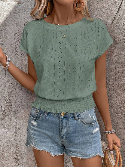 Round Neck Short Sleeve Eyelet Smocked Blouse