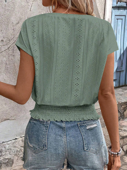 Round Neck Short Sleeve Eyelet Smocked Blouse