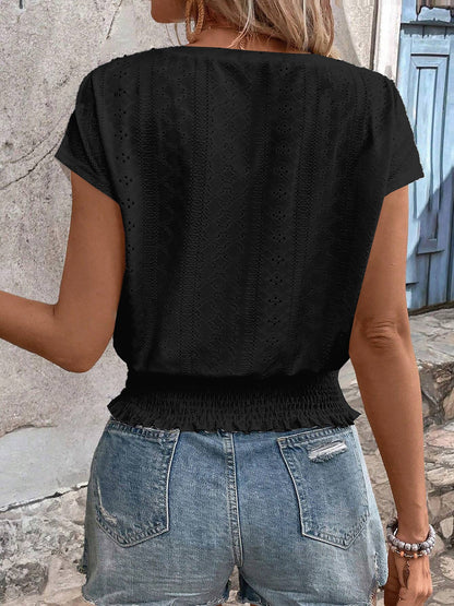 Round Neck Short Sleeve Eyelet Smocked Blouse