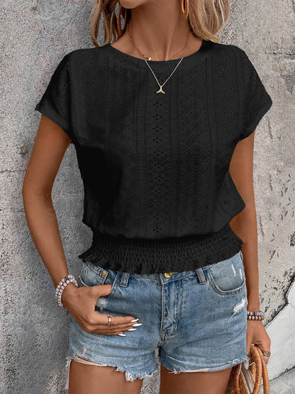 Round Neck Short Sleeve Eyelet Smocked Blouse