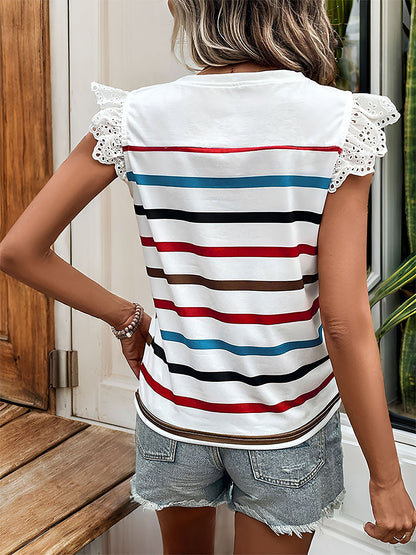 Eyelet Ruffled Cap Sleeve Striped Blouse