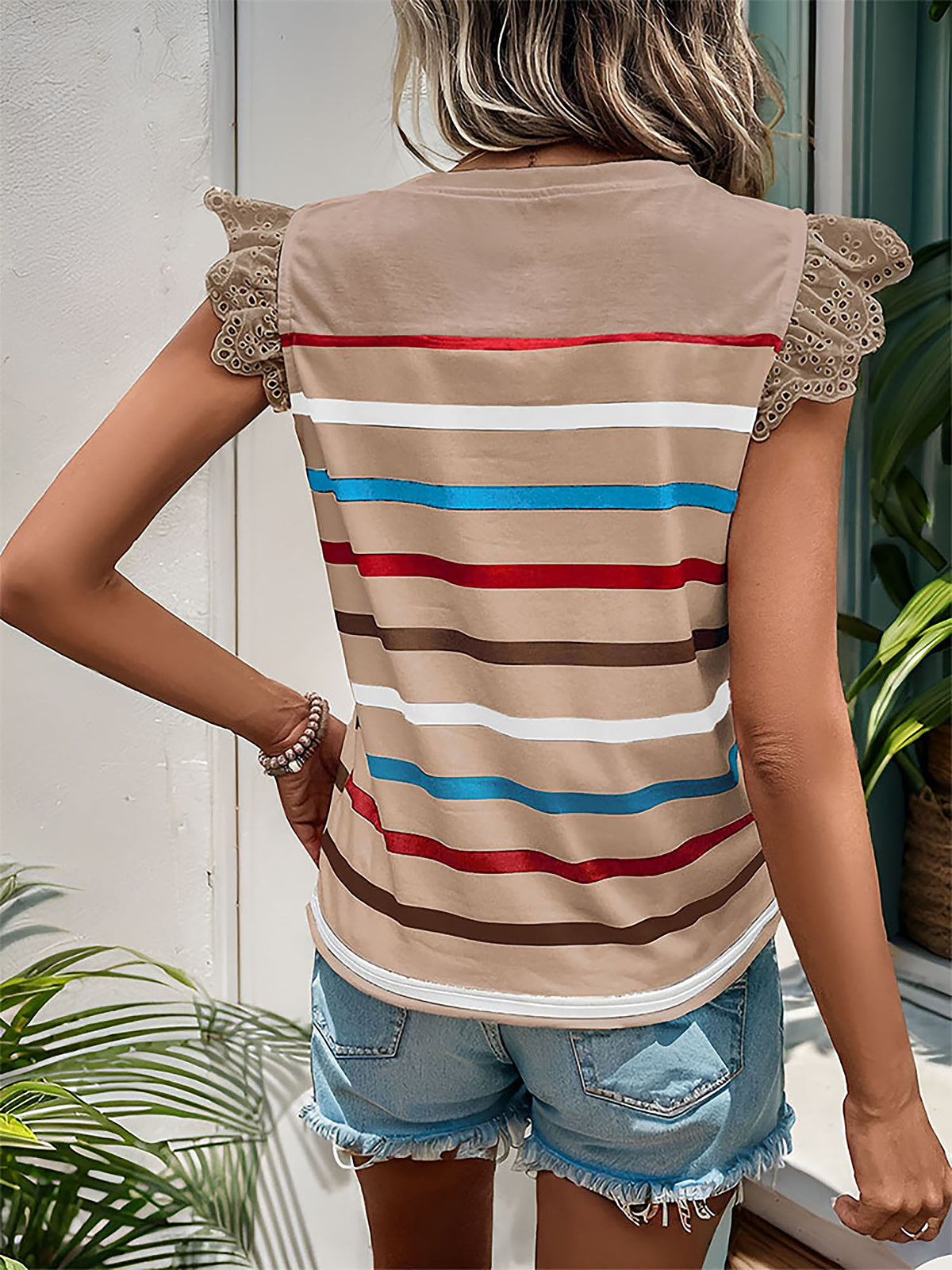 Eyelet Ruffled Cap Sleeve Striped Blouse