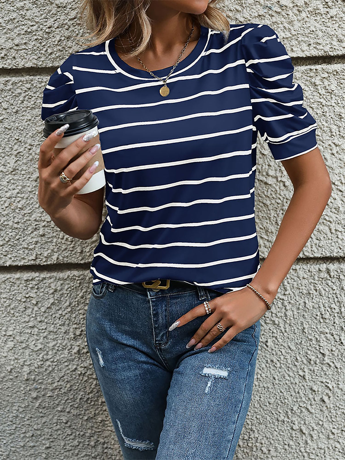 Striped Round Neck Puff Short Sleeves Blouse