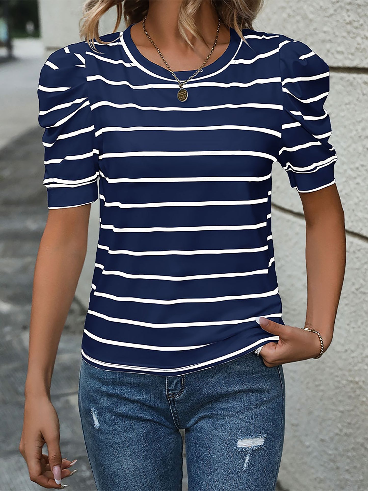 Striped Round Neck Puff Short Sleeves Blouse