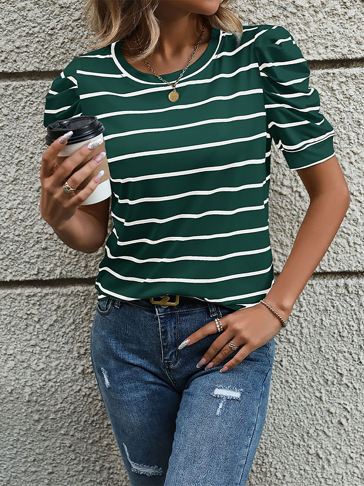 Striped Round Neck Puff Short Sleeves Blouse