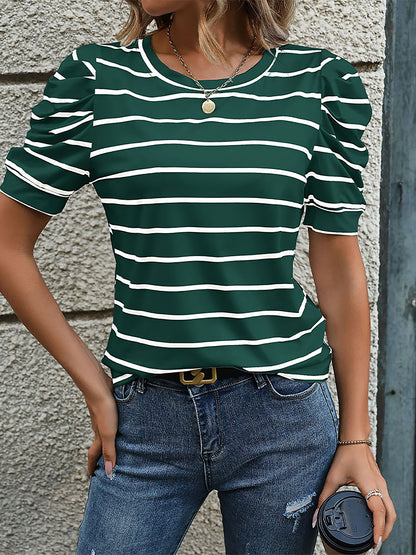 Striped Round Neck Puff Short Sleeves Blouse