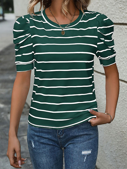 Striped Round Neck Puff Short Sleeves Blouse