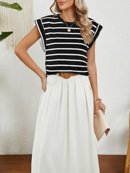 Round Neck Cap Sleeves Striped Casual Blouse