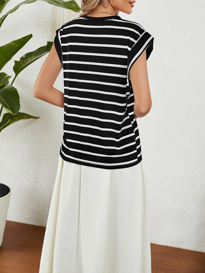 Round Neck Cap Sleeves Striped Casual Blouse