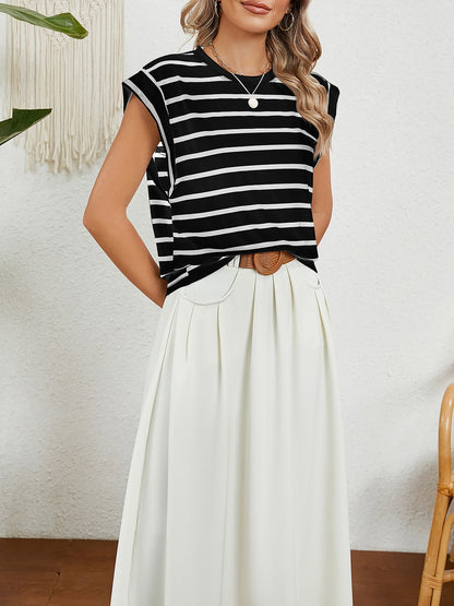 Round Neck Cap Sleeves Striped Casual Blouse