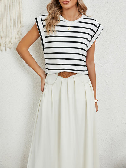 Round Neck Cap Sleeves Striped Casual Blouse