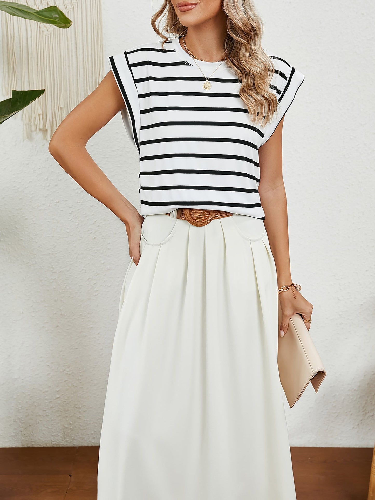 Round Neck Cap Sleeves Striped Casual Blouse