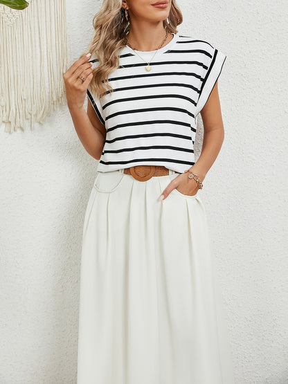 Round Neck Cap Sleeves Striped Casual Blouse