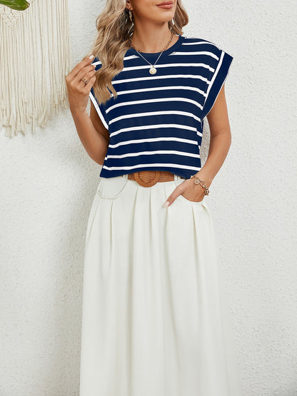 Round Neck Cap Sleeves Striped Casual Blouse