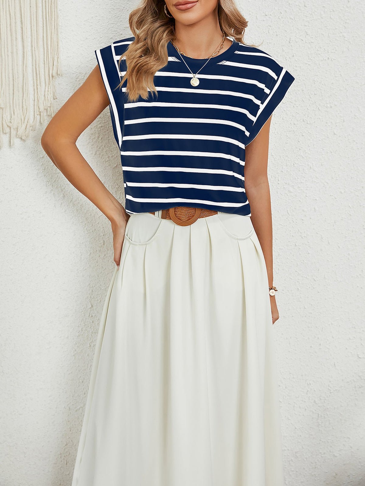 Round Neck Cap Sleeves Striped Casual Blouse