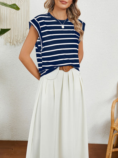 Round Neck Cap Sleeves Striped Casual Blouse