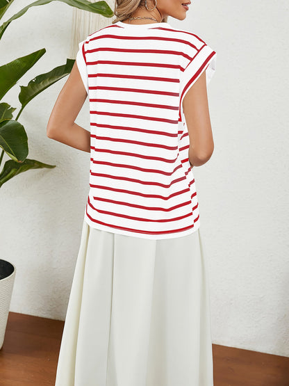 Round Neck Cap Sleeves Striped Casual Blouse