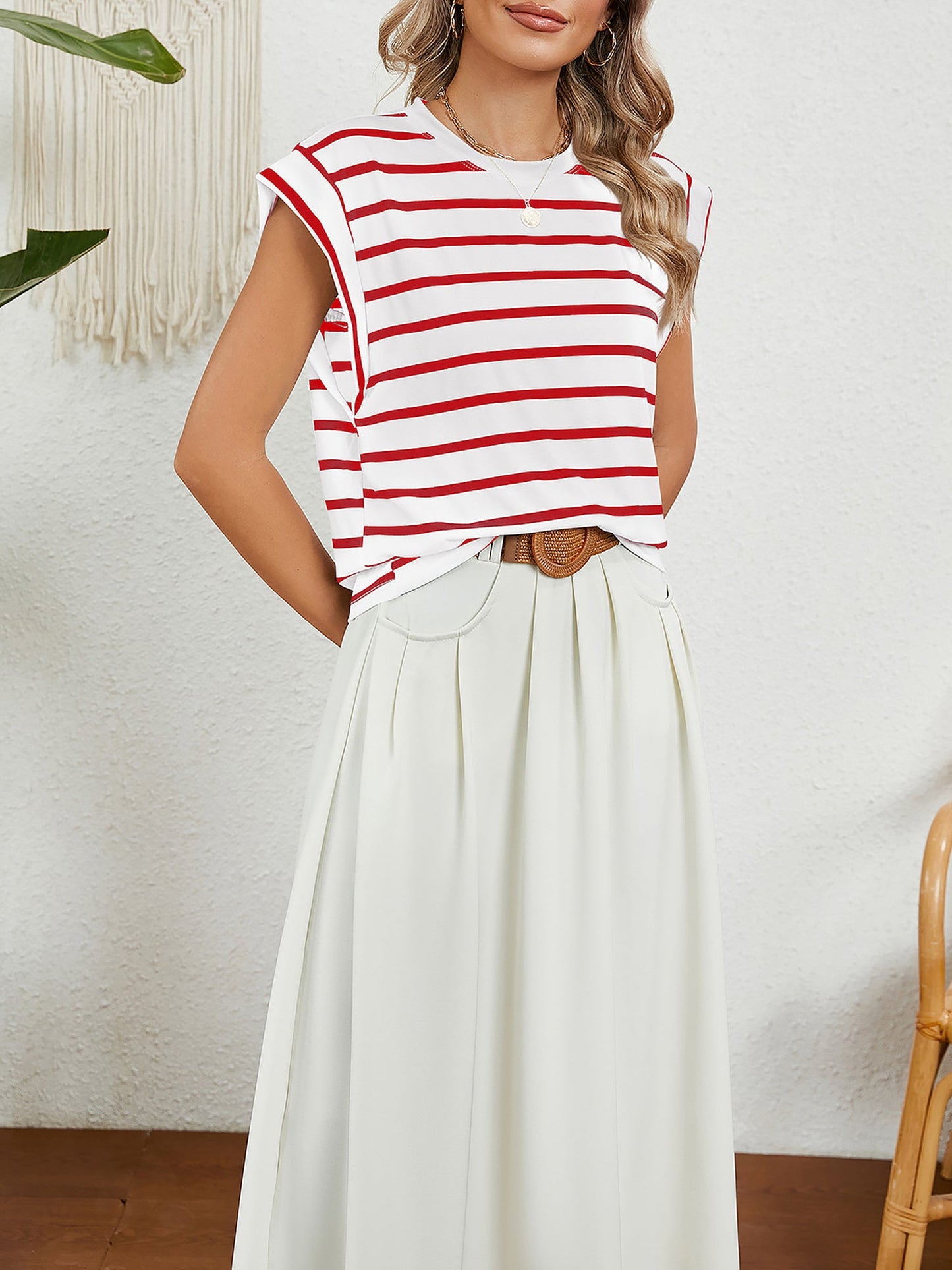 Round Neck Cap Sleeves Striped Casual Blouse