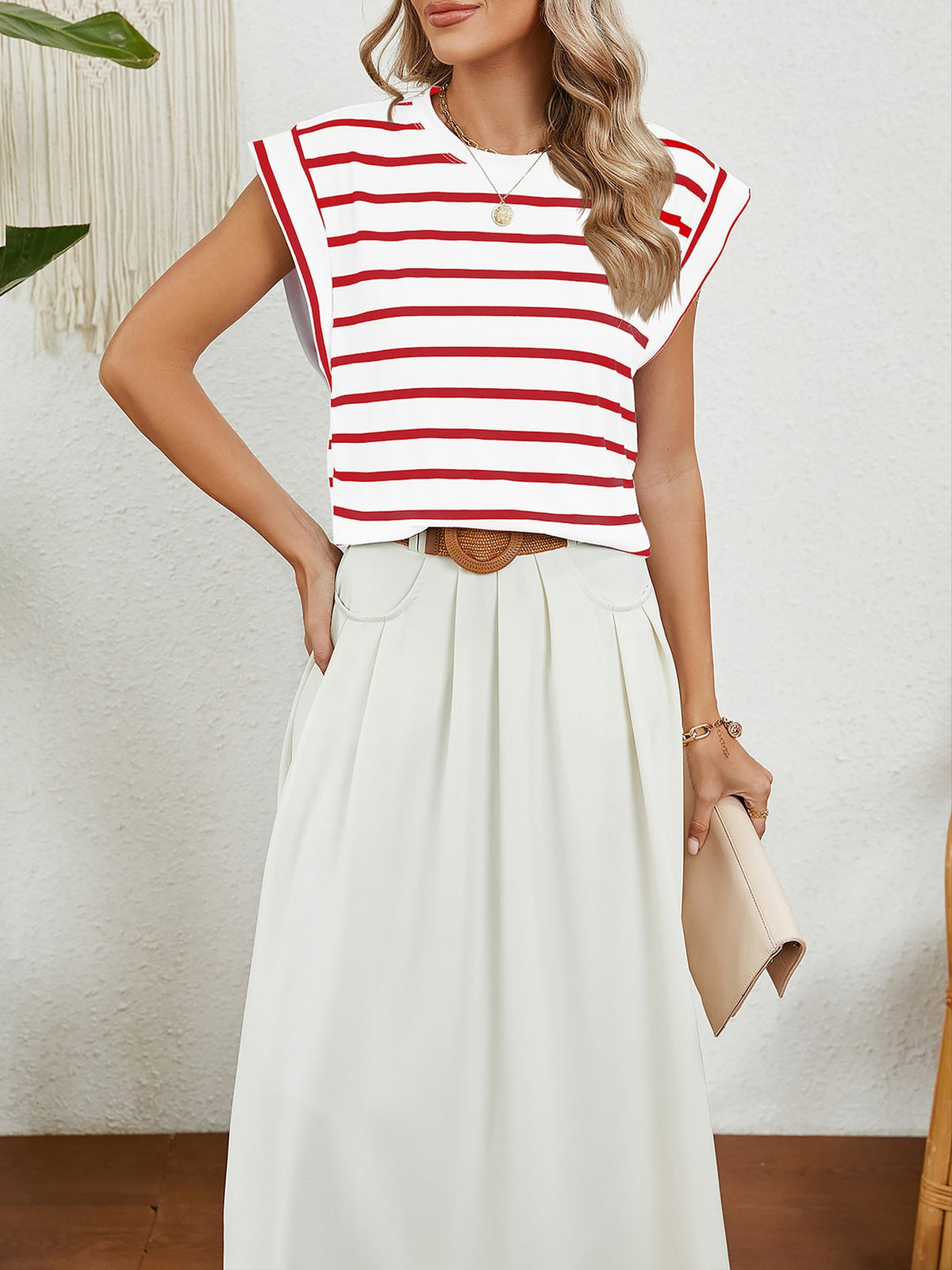Round Neck Cap Sleeves Striped Casual Blouse