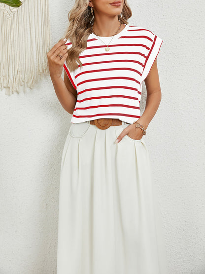 Round Neck Cap Sleeves Striped Casual Blouse