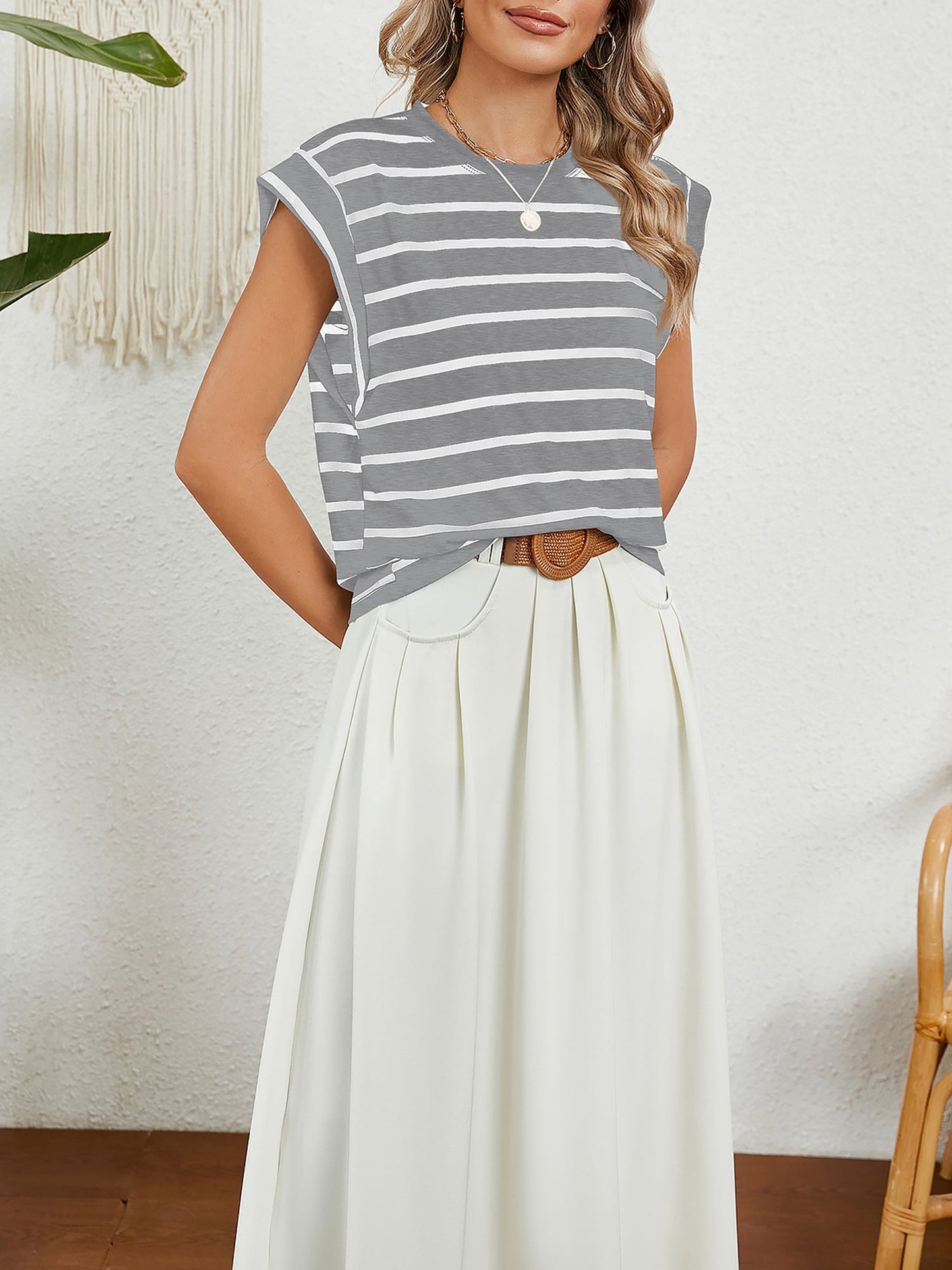 Round Neck Cap Sleeves Striped Casual Blouse