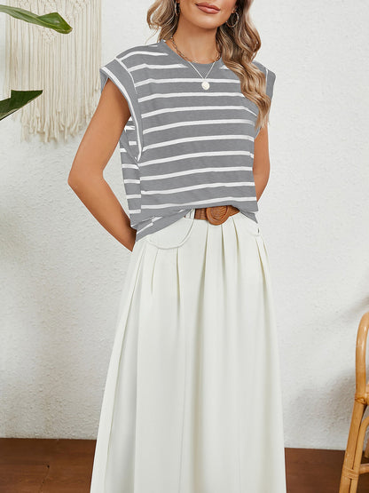 Round Neck Cap Sleeves Striped Casual Blouse